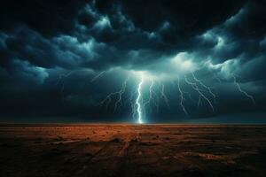 Blitz Gewitter Blitz Über das Nacht Himmel. Konzept auf Thema Wetter, Katastrophen. ai generiert foto