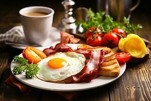 Englisch Frühstück auf das Weiß Platte, Eier mit Flüssigkeit Eigelb, Würste, Gabel und Messer, Croissants, Kaffee mit Milch. generativ ai foto