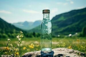 Mineral Wasser im Glas Flasche auf Natur Hintergrund. generativ ai foto