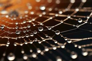 Spinnennetz natürlich Regen Muster. Spinne Netz geschmückt mit Tautropfen Das glänzte im das Morgen Licht. generativ ai foto