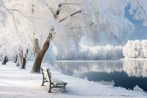 Bank im das Stadt Schnee bedeckt Winter Park mit ein See und schön Bäume im Frost im Morgen. generativ ai foto