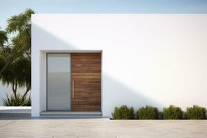 modern minimalistisch Zuhause Außen. Fenster und Türen im Weiß und braun Farben. ai generiert foto