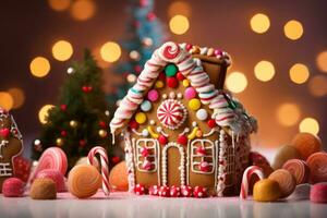 hausgemacht Lebkuchen Haus mit Weihnachten Baum Beleuchtung im das Hintergrund. generativ ai foto