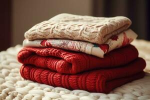 Stapel von verschiedene bunt gestrickt warm Pullover. generativ ai foto
