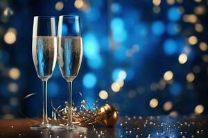 Neu Jahre Vorabend Feier Hintergrund mit Champagner. Blau Bokeh. generativ ai foto