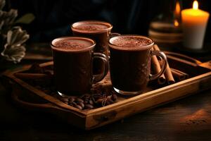 Tassen von heiß Kakao auf ein hölzern Tablett. organisch gesund Schokolade trinken bereit von Kakao Bohnen. generativ ai foto