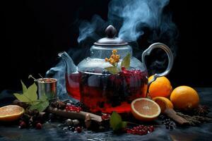 Obst Tee mit Beeren im Glas Teekanne. generativ ai foto