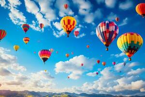 bunt heiß Luft Luftballons fliegend im Blau Himmel. generativ ai foto