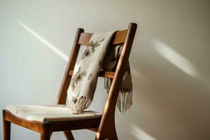 Jahrgang Stuhl Detail mit ein Stoff Sitz und hölzern Stand. generativ ai foto
