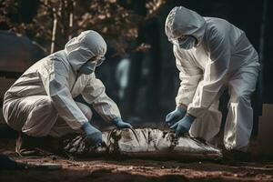 Kriminologe im Weiß schützend Handschuhe trägt Gesicht Masken funktioniert mit tot Körper beim Verbrechen. ai generiert foto