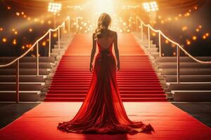ein jung ziemlich Frau auf ein rot Teppich Veranstaltung im ein Abend Kleid, zurück Sicht. generativ ai foto