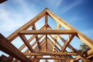 Holz Dach Fachwerke gebaut mit Konstruktion Rahmung Balken Holz. generativ ai foto