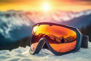 Schnee Brille mit Strahlen von das Rahmen Sonne. Winter Sport Ausrüstung. generativ ai foto