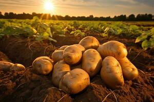 geerntet Kartoffeln im ein Bauernhof Feld auf braun Erde. Konzept von Essen Anbau. ai generiert foto