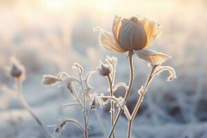 gefroren eisig Blumen im Winter. Winter Szene. generativ ai foto