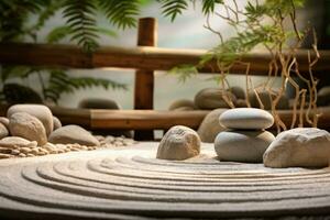 japanisch Zen Garten. Steine im Reihe Muster im Sand und Felsen zum Entspannung und Konzentration. generativ ai foto