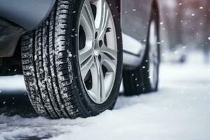 Auto Reifen im Winter auf das Straße bedeckt mit Schnee. generativ ai foto