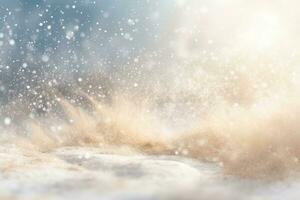 Weihnachten und Neu Jahr Hintergrund mit Schnee Explosion, Schneeflocken und golden Strahlen. generativ ai foto