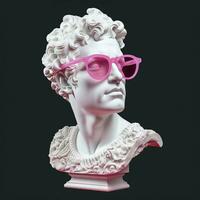 das Kopf von ein Weiß mythologisch Statue mit modisch Rosa Brille auf seine Augen, Rahmen im Profil. ai generativ foto