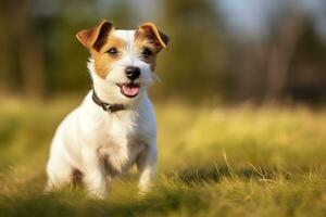 glücklich Jack Russell Terrier Haustier Hund warten, Hören im das Gras. ai generiert foto