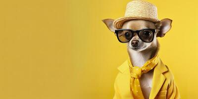 cool suchen Chihuahua Hund tragen funky Mode Kleid. Raum zum Text richtig Seite. generativ ai foto