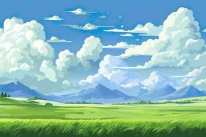 geometrisch Berg Landschaft mit Wolken und ein Grün Feld. ai generativ foto