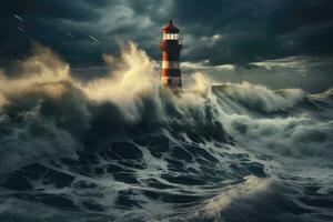 Leuchtturm im stürmisch Meer. 3d machen und Illustration, Leuchtturm im das Sturm auf das Norden Meer. 3d Wiedergabe, ai generiert foto