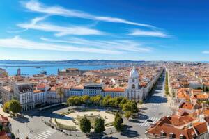 Antenne Aussicht von Lissabon, Portugal. Kopieren Raum zum text.lissabon Antenne Horizont Panorama europäisch Stadt Aussicht auf Marken pombal Platz Monument, ai generiert foto