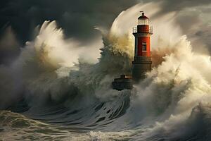 stürmisch Meer mit groß Wellen und Leuchtturm. 3d Illustration, Leuchtturm schlagen durch fest Welle, ai generiert foto