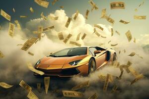 konzeptionelle Bild von ein Super Sport Auto umgeben durch fliegend Dollar, Lamborgini fliegend durch das Geld Wolken, ai generiert foto