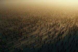 3d Rendern von ein Menge von Menschen im das Mitte von ein Wüste, groß Menge symbolisieren Überbevölkerung, ai generiert foto