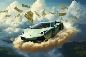 konzeptionelle Bild von ein Supersportwagen mit Dollar Rechnungen fliegend im das Luft, Lamborgini fliegend durch das Geld Wolken, ai generiert foto