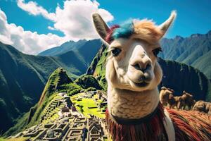 Lama im machu Picchu, Peru, Süd Amerika, Lama und machu Picchu, ai generiert foto