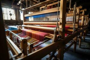 Weberei Webstuhl im ein traditionell Textil- Fabrik, Nahaufnahme, Webstuhl Produktion von Fäden und Textilien, ai generiert foto