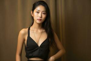 asiatisch Mädchen im beiläufig Kleidung verströmen natürlich Schönheit generativ ai foto