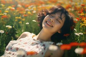 asiatisch Mädchen Lügen im ein Wiese voll von Blumen generativ ai foto