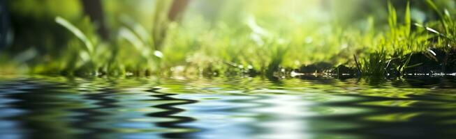 verschwommen Bild von natürlich Hintergrund von Wasser und Pflanzen. generativ ai foto