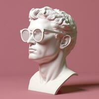 das Kopf von ein Weiß mythologisch Statue mit modisch Rosa Brille auf seine Augen, Rahmen im Profil. ai generativ foto