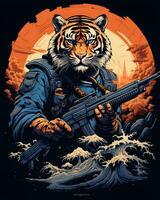 Aktion Tiger Gewehr Mann Vektor Kunst Illustration Hintergrund generativ ai foto