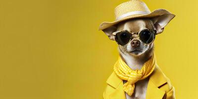 cool suchen Chihuahua Hund tragen funky Mode Kleid. Raum zum Text richtig Seite. generativ ai foto