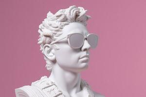 das Kopf von ein Weiß mythologisch Statue mit modisch Rosa Brille auf seine Augen, Rahmen im Profil. ai generativ foto