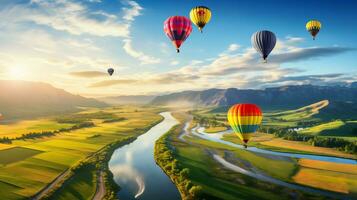 heiß Luft Ballon Über ein Landschaft von Flüsse und Berge generativ ai foto