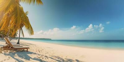 Weiß Sand und Kokosnuss Pflanze Reise Tourismus breit Panorama Hintergrund Konzept. generativ ai foto