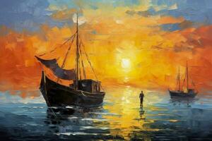 Öl Gemälde von ein Fischer Boot beim Sonnenuntergang auf Meer. Meer Landschaft Konzept. ai generativ foto