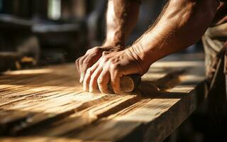 Handwerker beim arbeiten, Rau Hände Schleifen Hell gefärbt Holz im ein sonnendurchflutet Werkstatt foto