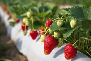 Busch von reif organisch Erdbeeren im das Garten. Beere Nahaufnahme. generativ ai foto