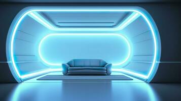 leeren Mauer im ein futuristisch sci fi Leben Zimmer mit Licht Gelb, Licht cyan, und Licht Blau Neon. ai generativ foto