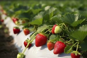 Busch von reif organisch Erdbeeren im das Garten. Beere Nahaufnahme. generativ ai foto