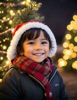 ai generativ, süß Kind im Santa claus Kostüm auf verschwommen schneebedeckt Weihnachten Vorabend Hintergrund foto