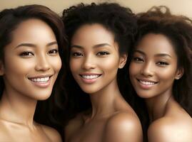 ai generativ, Natur jung Schönheit. multi ethnisch Gruppe von Frauen mit anders Typen von Haut zusammen foto